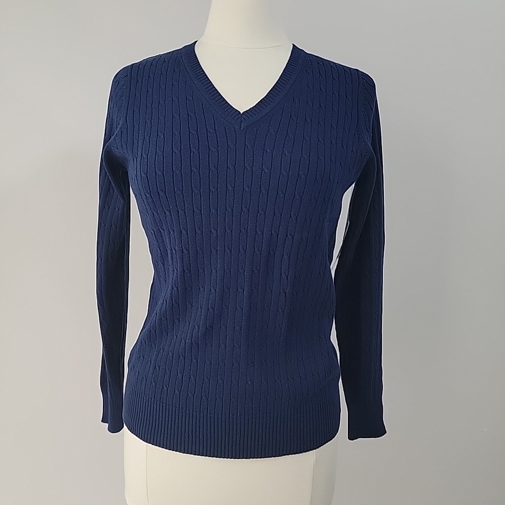 Kim Rogers Navy Blue Cable Knit Sweater V-neck, Long Sleeves 100% Cotton Size M